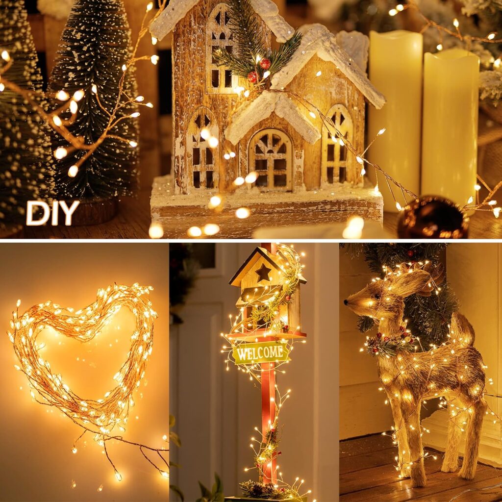 10Feet Battery Operated Fairy Lights, 120LEDs Firecracker String Lights Waterproof Silver Wire Starry Firefly Lights for DIY Wreath Home Weeding Indoor Outdoor Christmas Decorations, Warm White