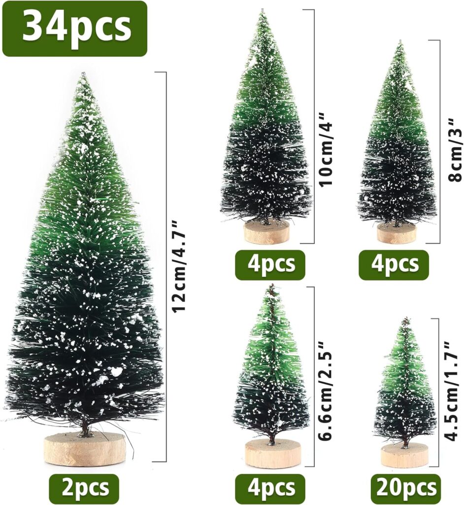 34Pcs Mini Christmas Trees - Artificial Christmas Tree Bottle Brush Trees with 5 Sizes, Snow Trees with Wooden Base for Christmas Decor Christmas Party (Grass Green)