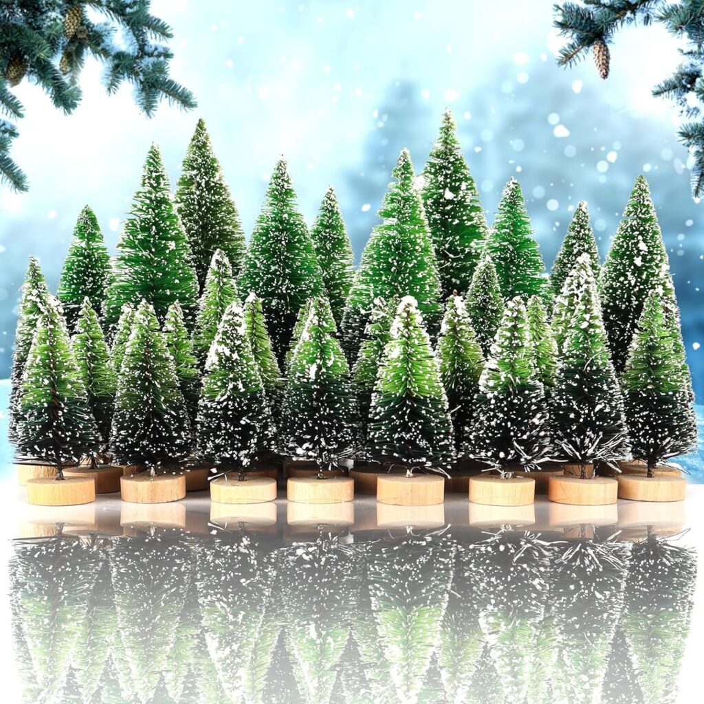 34Pcs Mini Christmas Trees - Artificial Christmas Tree Bottle Brush Trees with 5 Sizes, Snow Trees with Wooden Base for Christmas Decor Christmas Party (Grass Green)