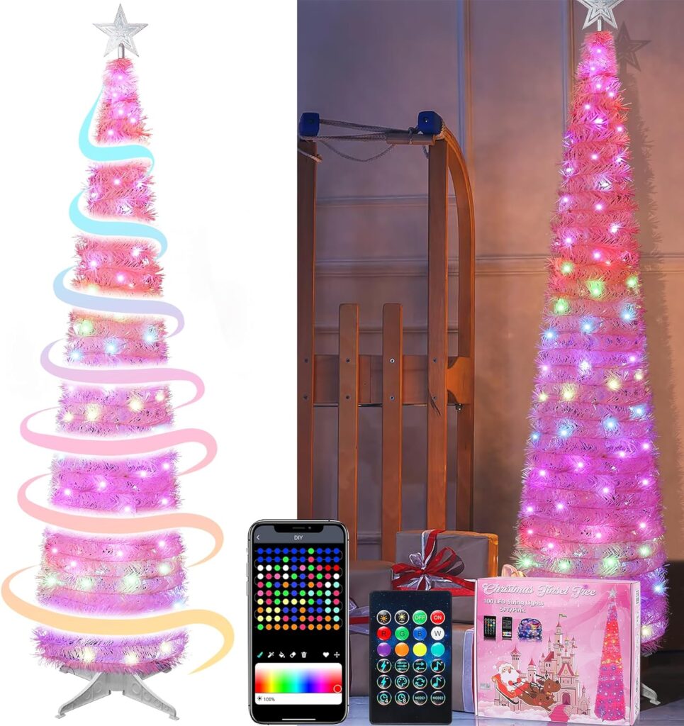 5 Ft Pop Up Christmas Tinsel Tree with Colorful LED Lights, Collapsible Pencil Christmas Tree with Remote  APP Control (Pink)