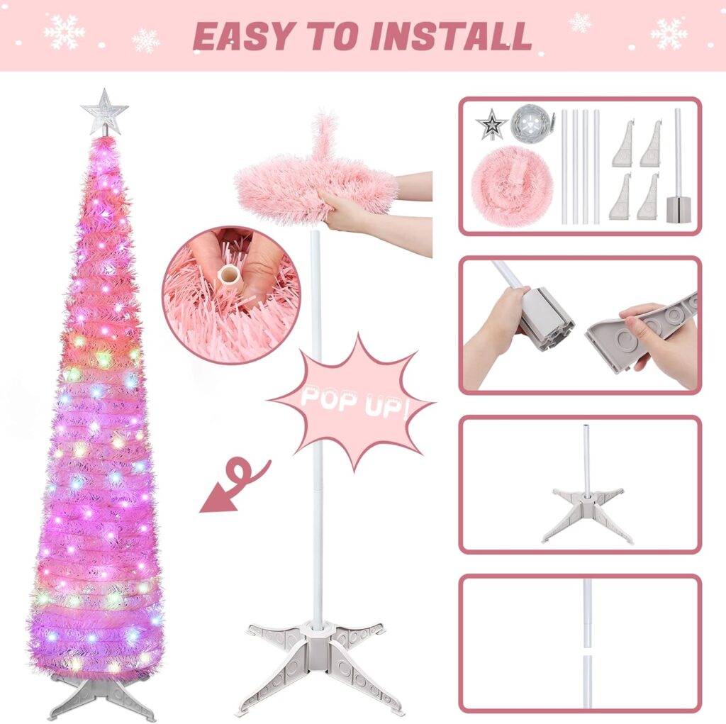 5 Ft Pop Up Christmas Tinsel Tree with Colorful LED Lights, Collapsible Pencil Christmas Tree with Remote  APP Control (Pink)