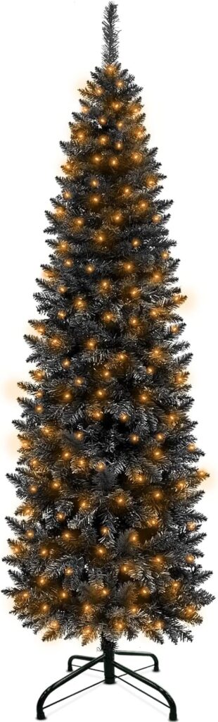 6 Ft Prelit Black Christmas Tree, 240 LED Warm Lights, 658 Thick Branch Tips, Fire-Resistant, UL Plug, Metal Stand, Hinged Pencil Xmas Tree Christmas Decorations Home Indoor Outdoor