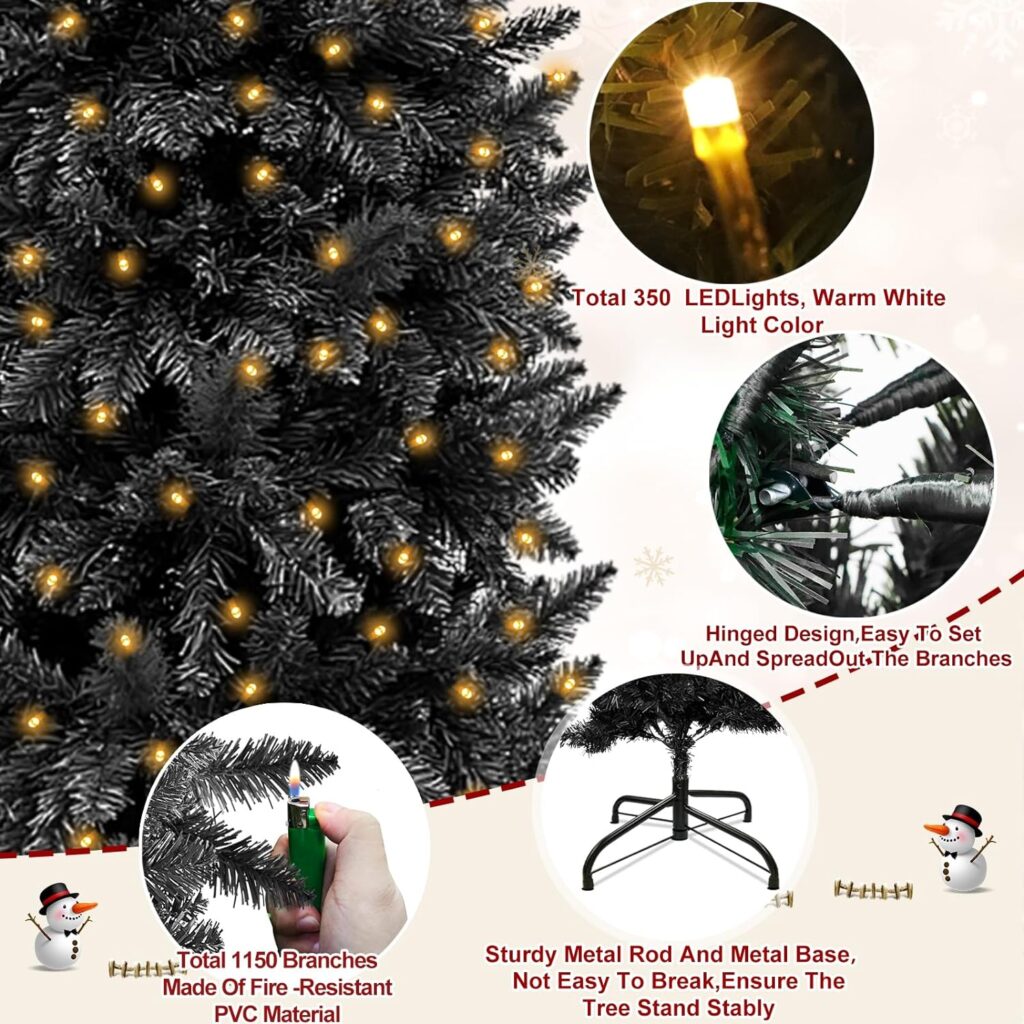 6 Ft Prelit Black Christmas Tree, 240 LED Warm Lights, 658 Thick Branch Tips, Fire-Resistant, UL Plug, Metal Stand, Hinged Pencil Xmas Tree Christmas Decorations Home Indoor Outdoor