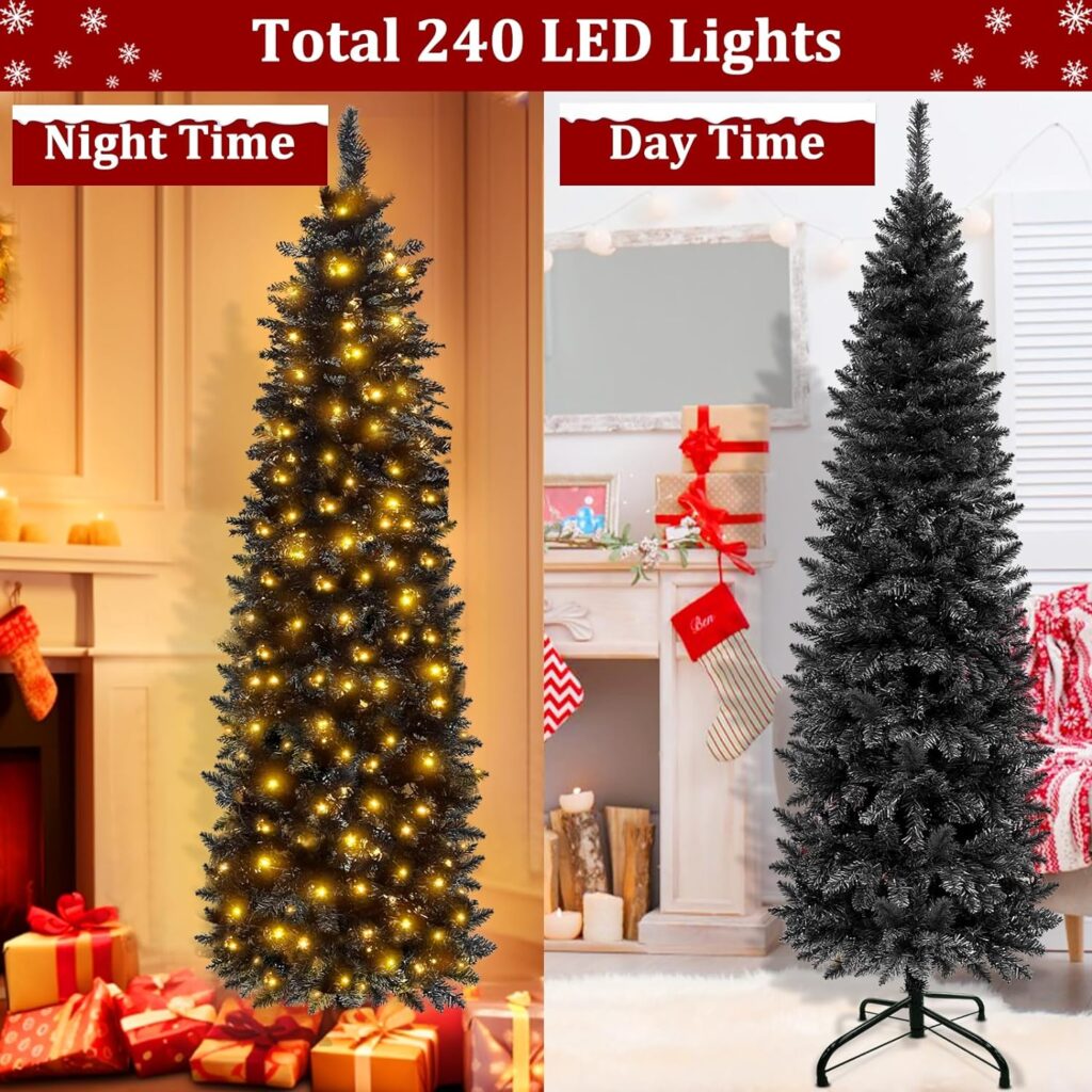 6 Ft Prelit Black Christmas Tree, 240 LED Warm Lights, 658 Thick Branch Tips, Fire-Resistant, UL Plug, Metal Stand, Hinged Pencil Xmas Tree Christmas Decorations Home Indoor Outdoor