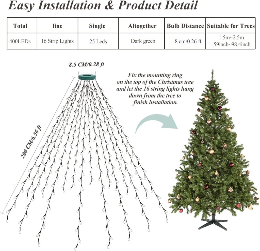 aneeway Christmas Tree Lights, 400 LED Christmas Lights with 8 Light Modes  Memory Function, 6.6FT x 16 String Lights with Timing Function  Remote Control for Christmas Decorations - Warm White