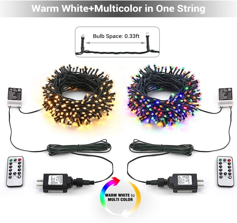 Brizled Christmas Lights, 344.16ft 1000 LED Color Changing Christmas String Lights with Remote, 11 Modes Christmas Tree Lights Warm White  Multicolor Xmas Light Green Wire for Xmas Home Wedding Party