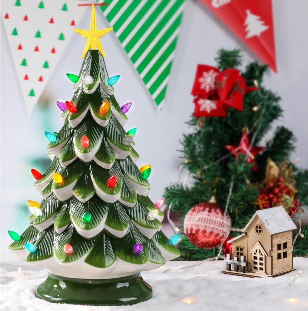 Ceramic Christmas Tree - 14.5 Tabletop Christmas Tree Decoration with Multicolored Lights and Star Treetop Battery Operated(Battery Not Included)