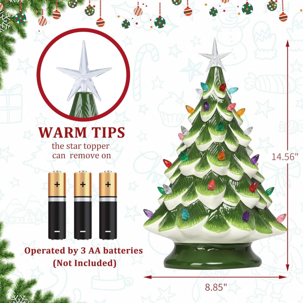 Ceramic Christmas Tree - 14.5 Tabletop Christmas Tree Decoration with Multicolored Lights and Star Treetop Battery Operated(Battery Not Included)