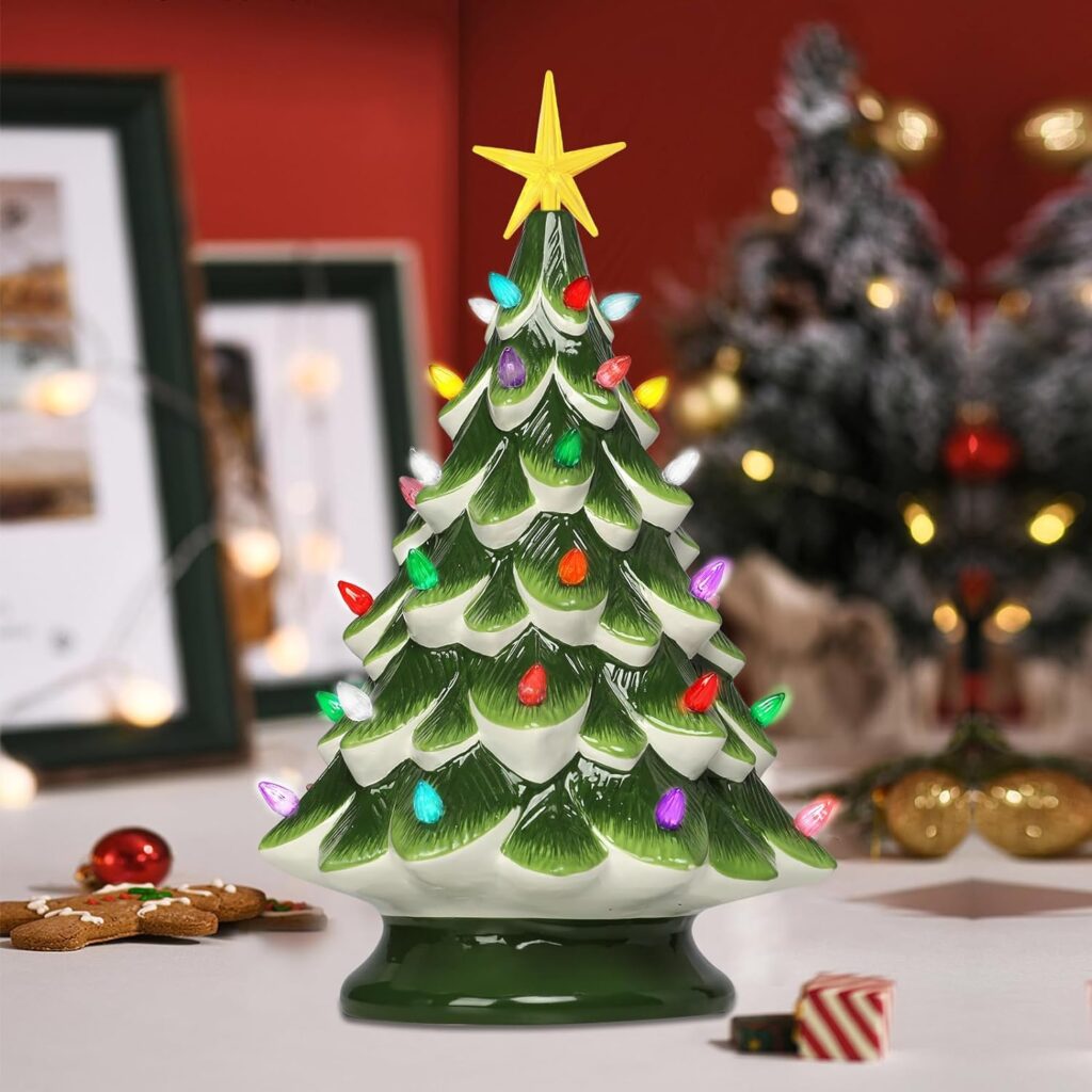 Ceramic Christmas Tree - 14.5 Tabletop Christmas Tree Decoration with Multicolored Lights and Star Treetop Battery Operated(Battery Not Included)