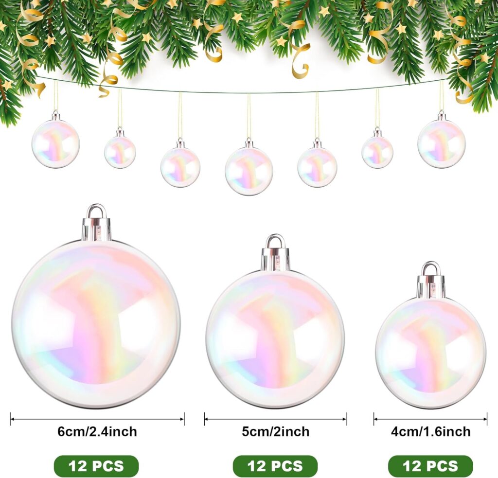 Christmas Iridescent Ornaments Balls 36 PCS,Christmas Decorations Indoor/Outdoor Plastic Set Clear Fillable Iridescent Christmas Ball Ornaments for Christmas Tree Wedding Party New Year DIY Supplies