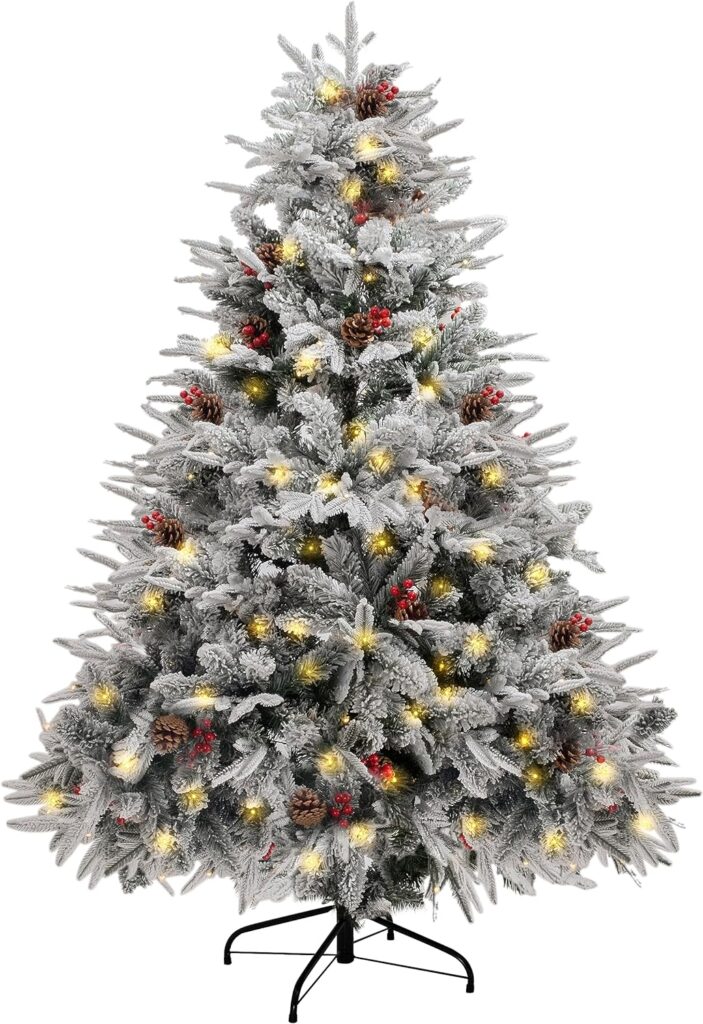 GEX Christmas Tree Prelit 6ft Flocked White with Lights 8 Modes Yellow Warm Lights with Berries Pinecone Artificial Tree (Flocked White, 6ft)