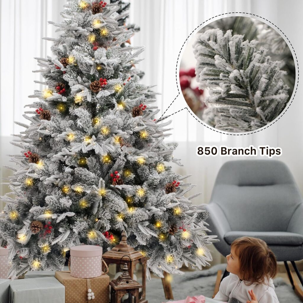 GEX Christmas Tree Prelit 6ft Flocked White with Lights 8 Modes Yellow Warm Lights with Berries Pinecone Artificial Tree (Flocked White, 6ft)