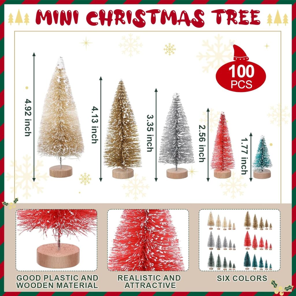 Hiboom 100 Pcs Mini Christmas Tree Bottle Brush Trees with Wood Base 5 Sizes Miniature Christmas Village Tree Artificial Small Sisal Snow Pine Trees for Xmas Decoration Home Table Craft(Vivid Color)