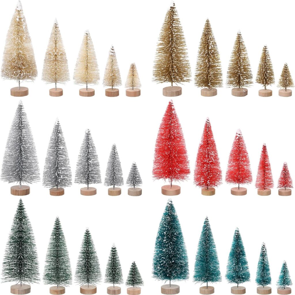 Hiboom 100 Pcs Mini Christmas Tree Bottle Brush Trees with Wood Base 5 Sizes Miniature Christmas Village Tree Artificial Small Sisal Snow Pine Trees for Xmas Decoration Home Table Craft(Vivid Color)