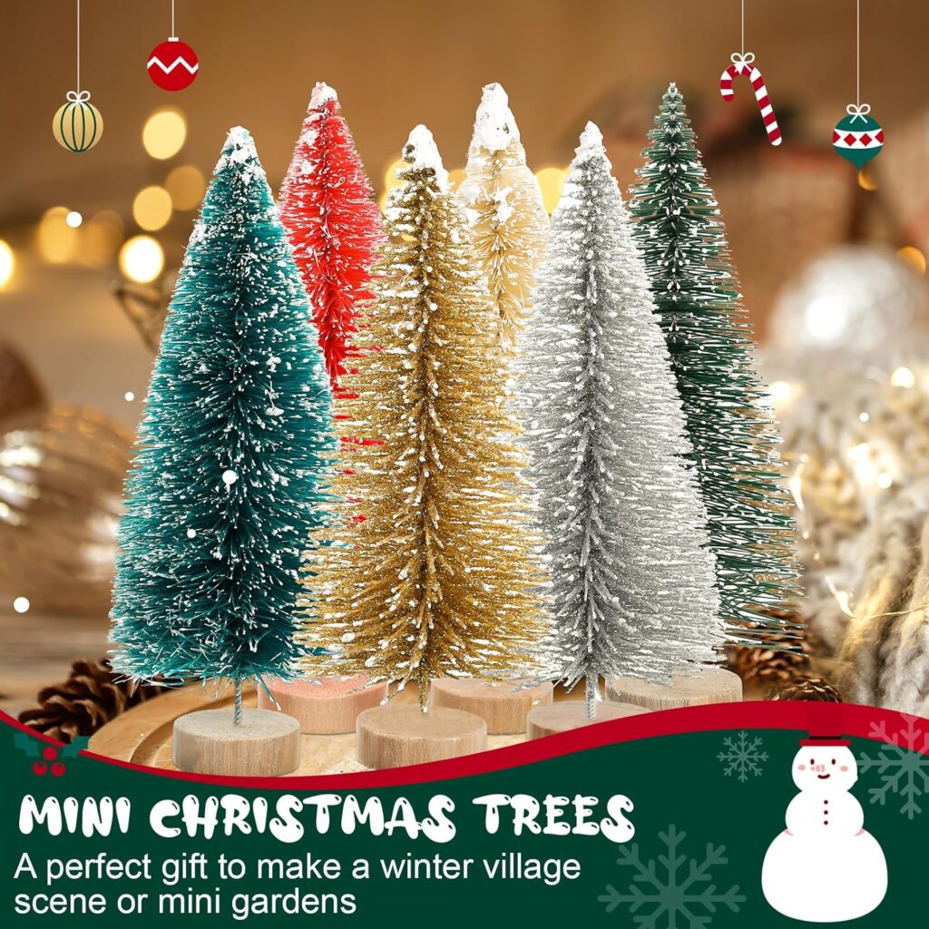 Hiboom 100 Pcs Mini Christmas Tree Bottle Brush Trees with Wood Base 5 Sizes Miniature Christmas Village Tree Artificial Small Sisal Snow Pine Trees for Xmas Decoration Home Table Craft(Vivid Color)