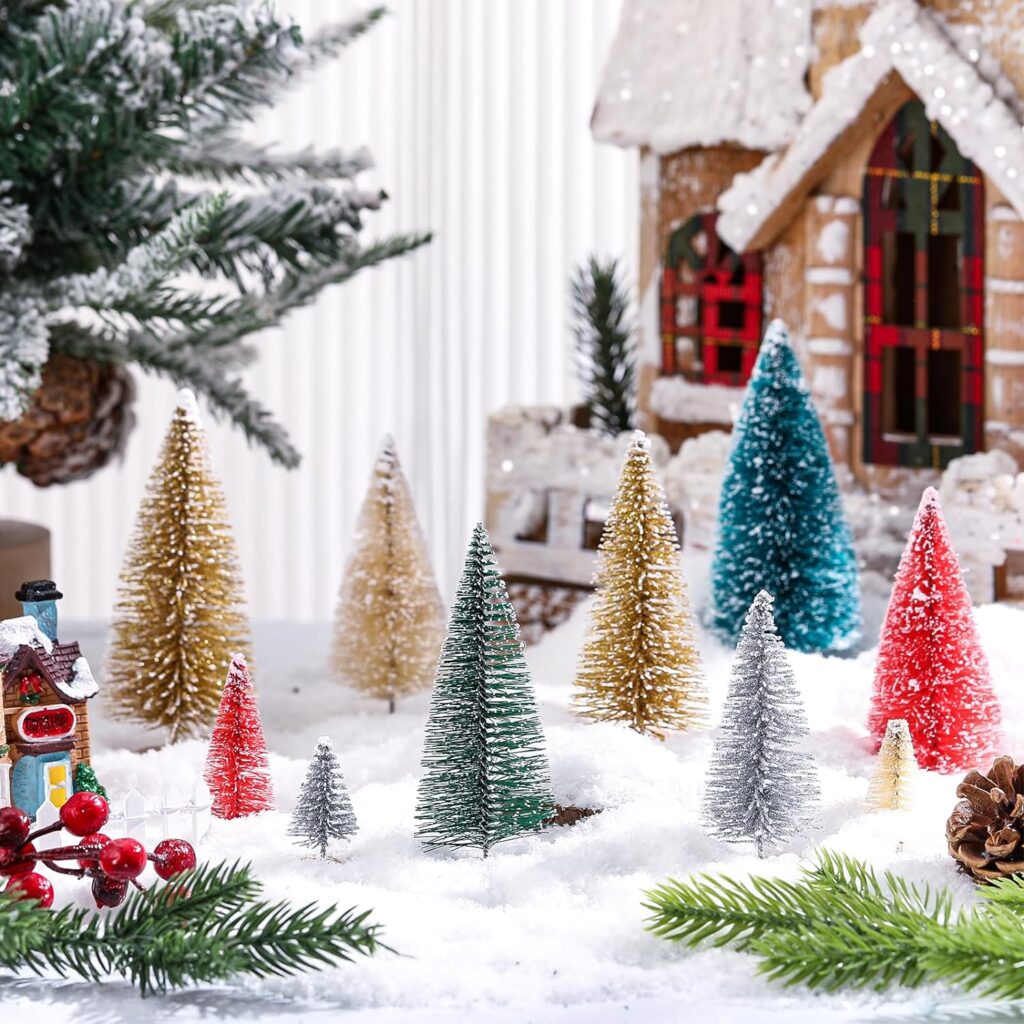 Hiboom 100 Pcs Mini Christmas Tree Bottle Brush Trees with Wood Base 5 Sizes Miniature Christmas Village Tree Artificial Small Sisal Snow Pine Trees for Xmas Decoration Home Table Craft(Vivid Color)