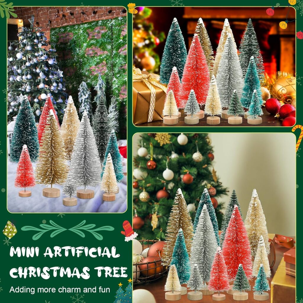 Hiboom 100 Pcs Mini Christmas Tree Bottle Brush Trees with Wood Base 5 Sizes Miniature Christmas Village Tree Artificial Small Sisal Snow Pine Trees for Xmas Decoration Home Table Craft(Vivid Color)