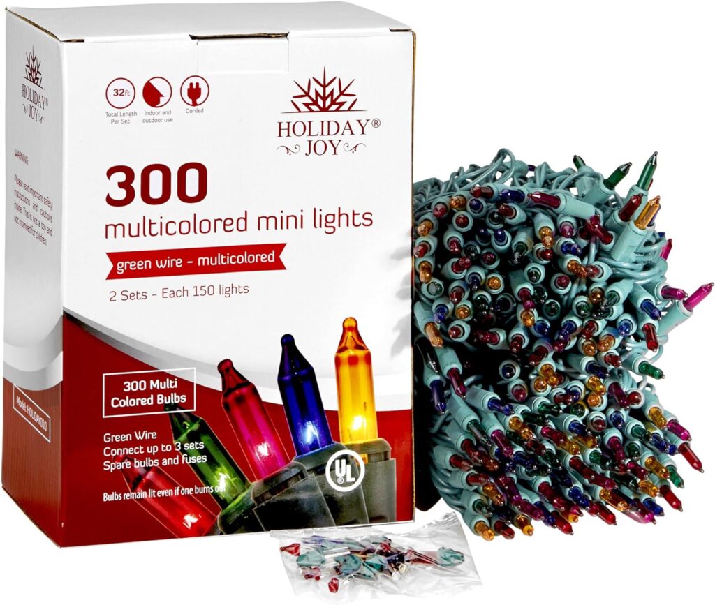 Holiday Joy Christmas Lights for Tree - 300 Count, Multicolor, Mini String Lights with Green Wire for Outdoor and Indoor Decorations