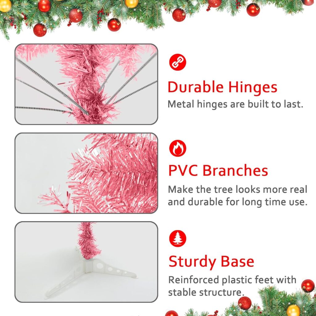 Pink Christmas Tree, 6FT Folding Artificial Tinsel Christmas Tree for Decorations, 550 Tips Small Christmas Tree for Outdoor,Home, Party,Indoor