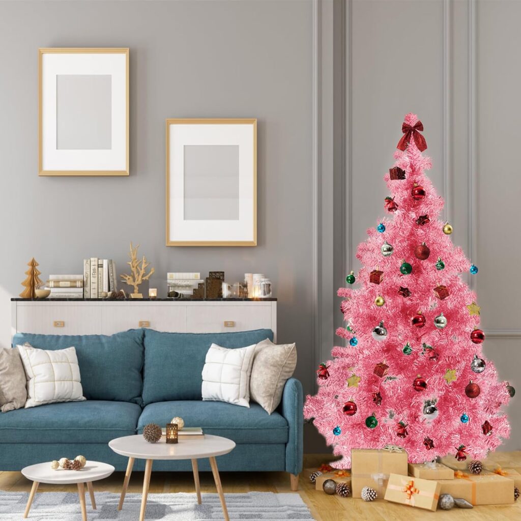 Pink Christmas Tree, 6FT Folding Artificial Tinsel Christmas Tree for Decorations, 550 Tips Small Christmas Tree for Outdoor,Home, Party,Indoor