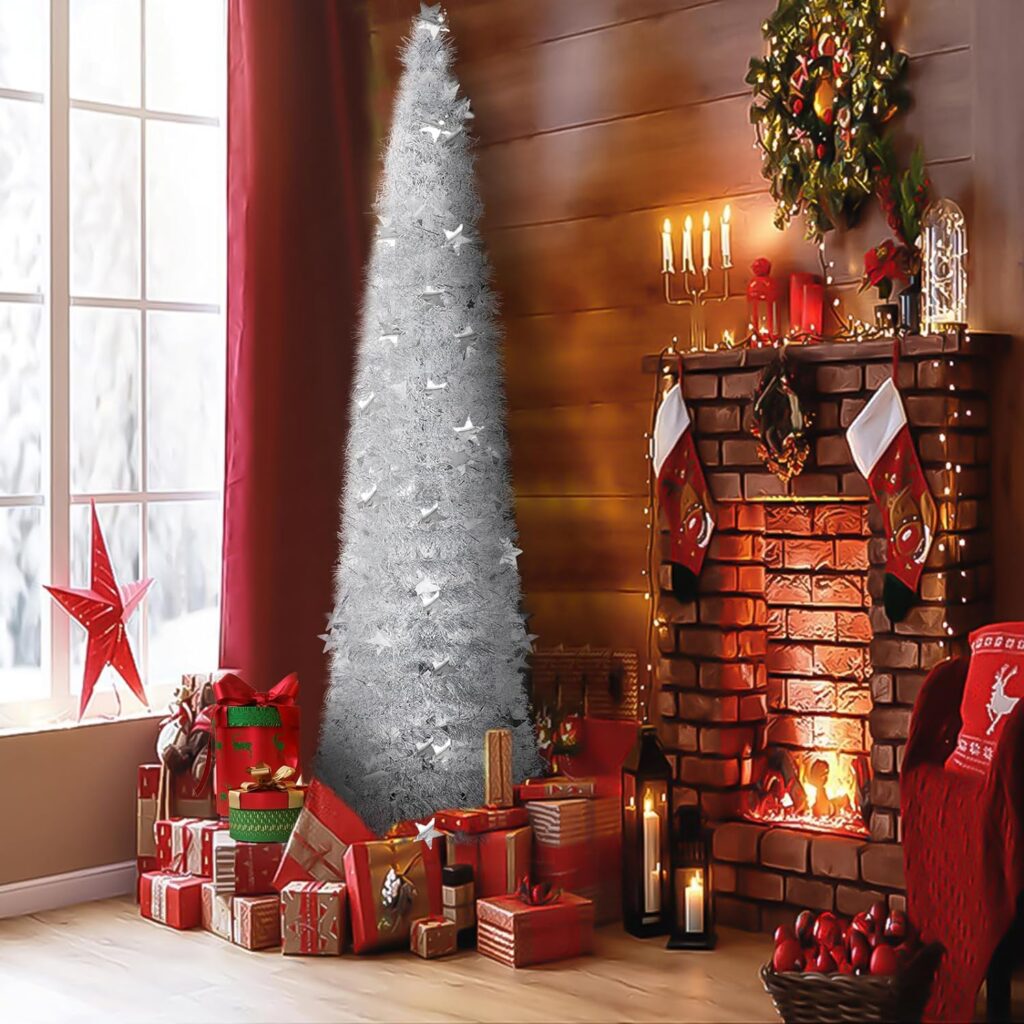 Pop Up Christmas Tree, 5 Ft Christmas Tinsel Trees Collapsible Star Sequin Christmas Pencil Tree for Christmas Indoor Outdoor Decor Home Bedroom Decorations (Silver)