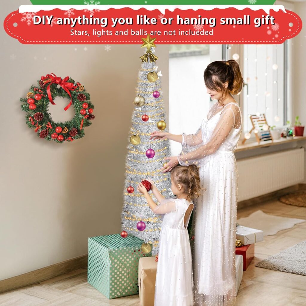 Pop Up Christmas Tree, 5 Ft Christmas Tinsel Trees Collapsible Star Sequin Christmas Pencil Tree for Christmas Indoor Outdoor Decor Home Bedroom Decorations (Silver)