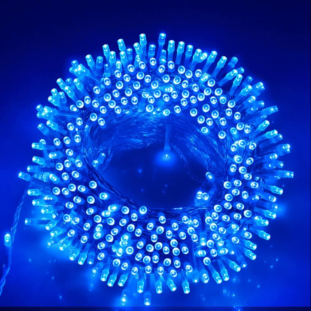 VTECHOLOGY Christmas String Lights, 66FT 200 LEDs Blue Halloween String Lights 8 Modes Fairy Lights with End-to-End Plug Decoration for Christmas Tree Indoor Outdoor, Blue (Clear Wire)