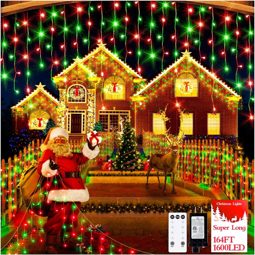 1600 LED 164FT Christmas Outdoor Lights Plug in 8 Modes with Timer Dimmable Christmas Decorations Waterproof Indoor Curtain String Lights for Roof Porch Garden Holiday Wedding Party Decor Red + Green