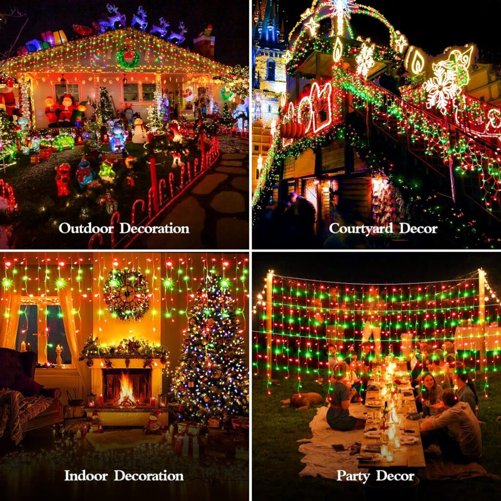 1600 LED 164FT Christmas Outdoor Lights Plug in 8 Modes with Timer Dimmable Christmas Decorations Waterproof Indoor Curtain String Lights for Roof Porch Garden Holiday Wedding Party Decor Red + Green