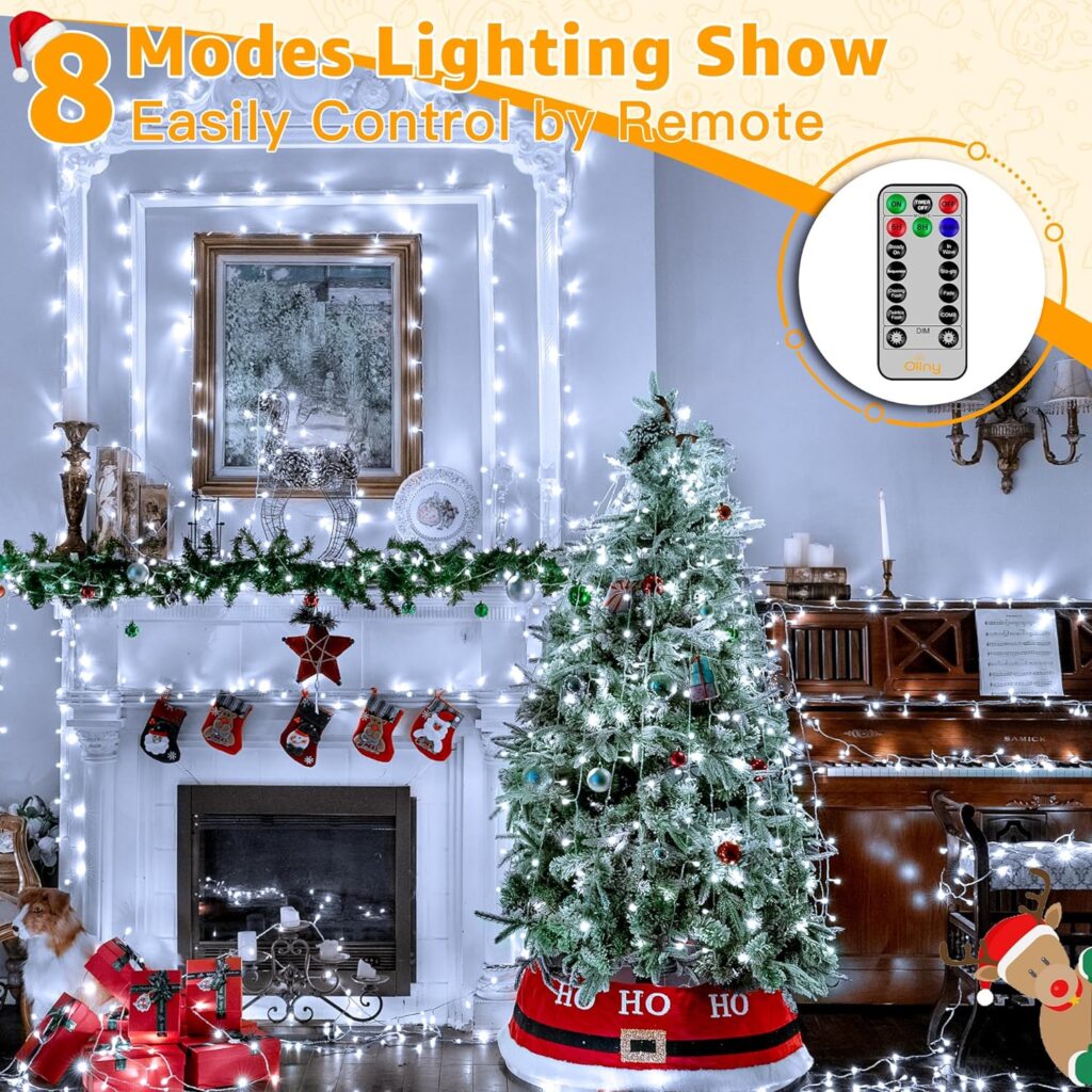 Ollny Christmas Lights Outdoor 800LED 262FT, Cool White Plug in String Light with Remote, 8 Modes IP44 Waterproof Timer Dimmable Fairy Lights for Indoor Outside Bedroom House